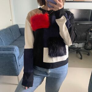 MSGM Faux Fur Patch Colorblock Crewneck Sweatshirt Small